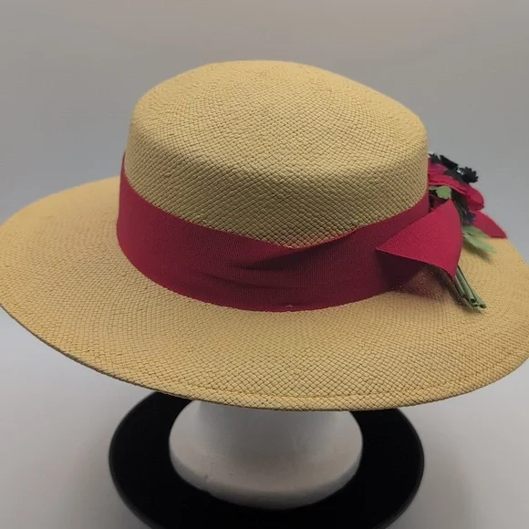 M'sieu Leon| Elegant Women's Straw Hat with Red Band and Floral Accent - Picture 6 of 11